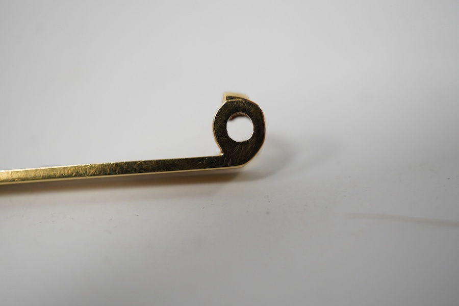 An 18ct tie pin, 51mm, 3.5 grams. Condition - fair to good